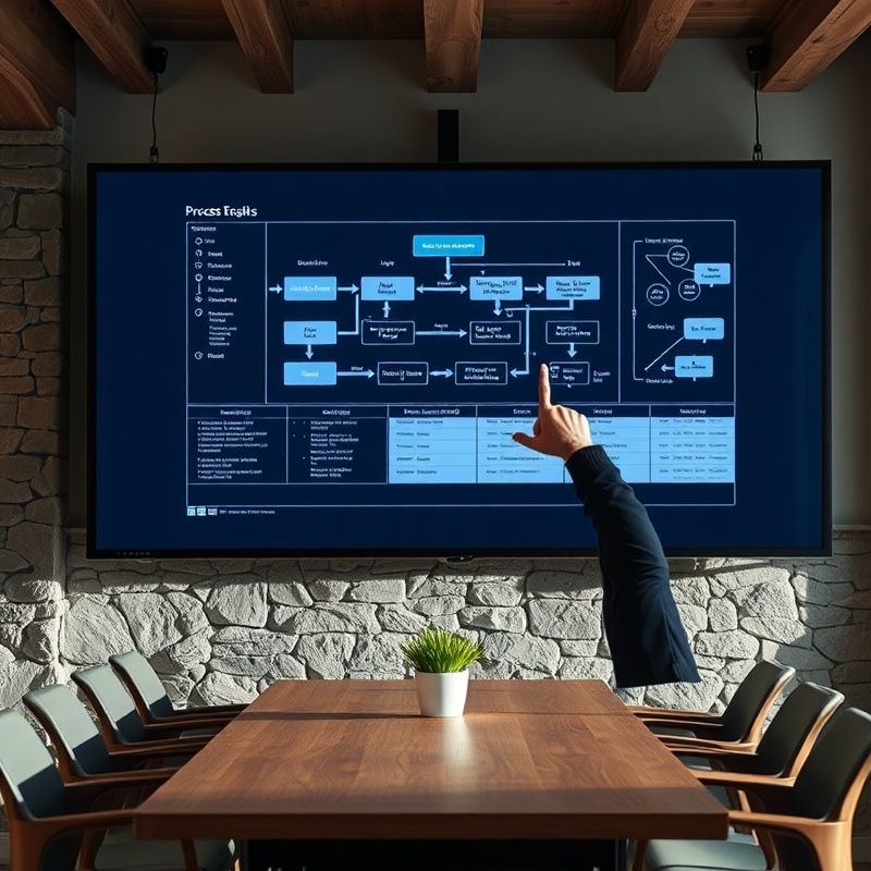 Procesni diagram na velikem monitorju v minimalistični pisarni