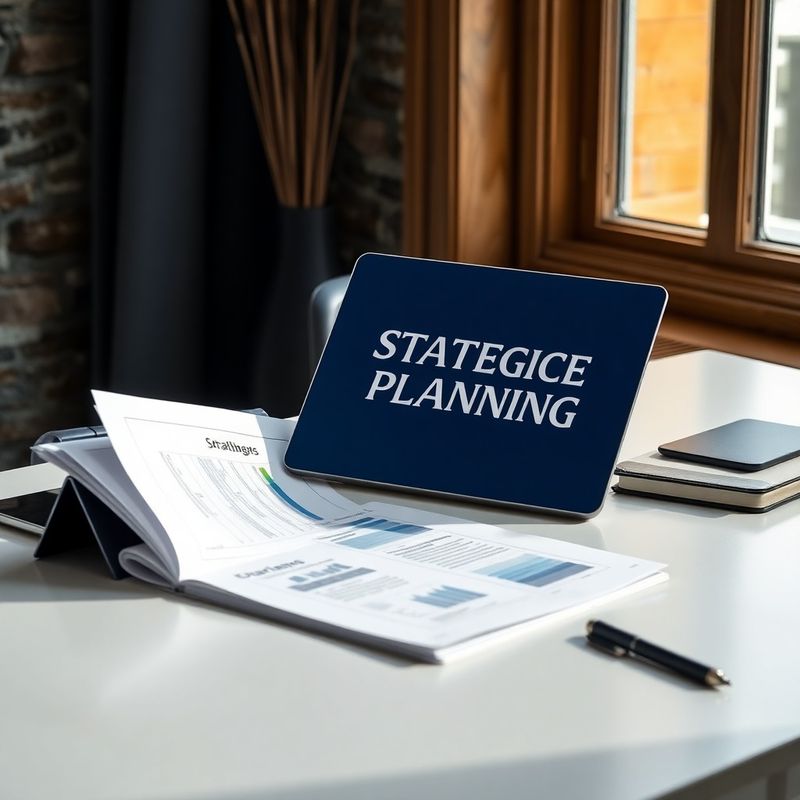 Strateški dokumenti in digitalna tablica na čisti indigo pisalni mizi
