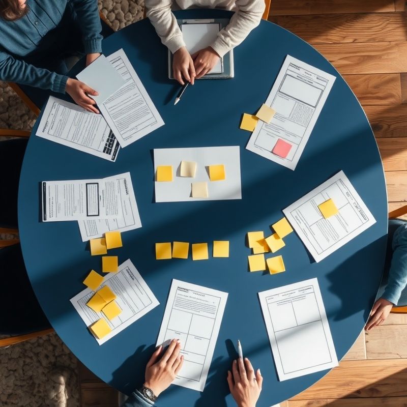 Delavniška miza s post-it lističi in tiskanimi okvirji – iz ptičje perspektive